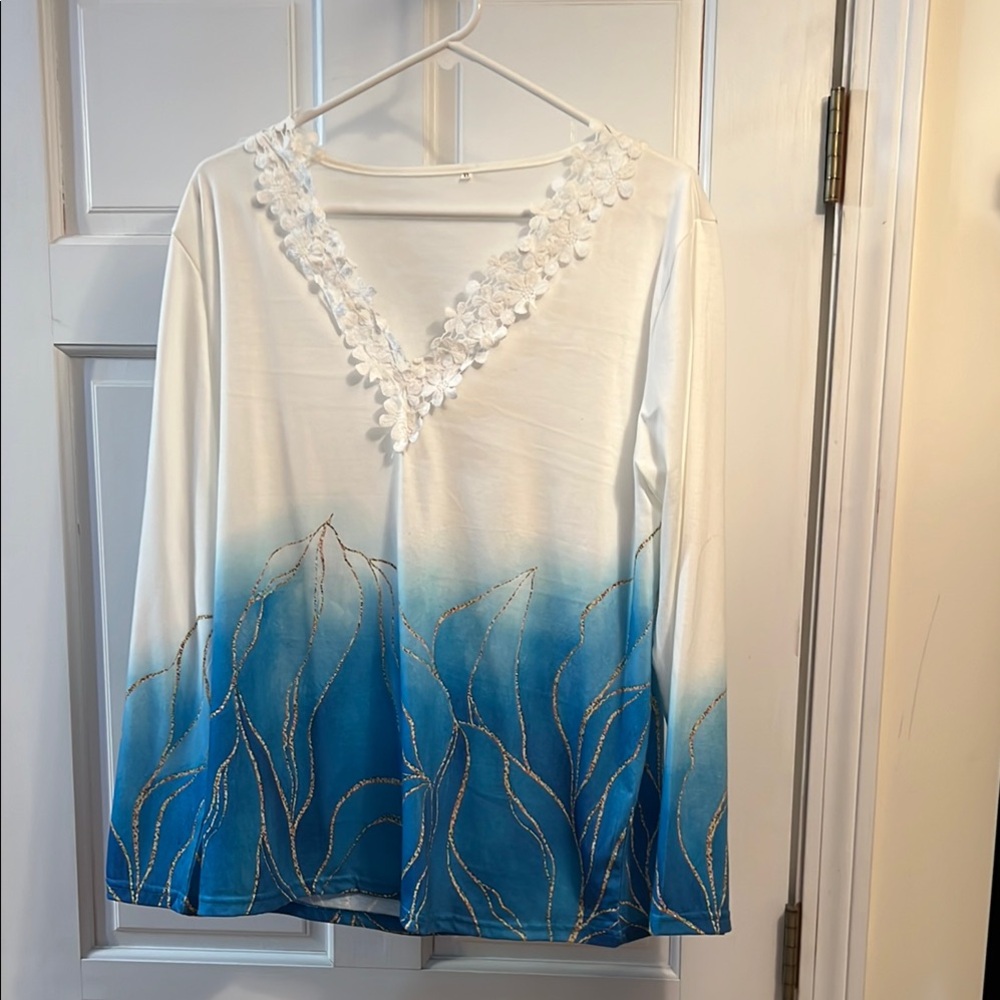 White and Blue Ruffled 3/4 Sleeve Blouse